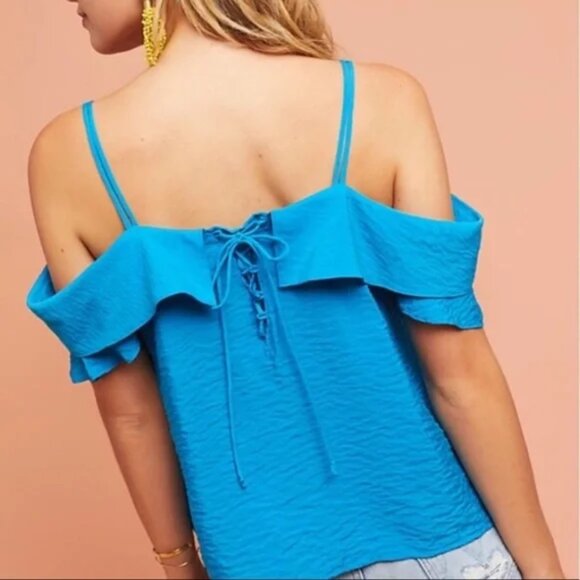 Anthropologie Maeve Off-Shoulder W/Spaghetti Straps Ocean Blue Blouse. Sz: XS - Picture 3 of 9